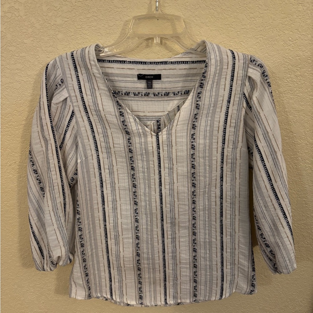 DREW Women's Striped Cream, Tan and Navy Boho Long Sleeved Blouse, Size XS